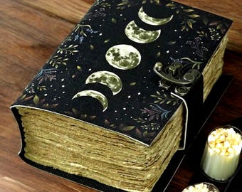 Mondphase Leder Grimoire Journal, Vintage Büttenpapier Buch der Schatten Notizbuch