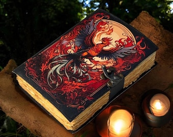 Journal en cuir Phoenix : carnet de notes grimoire, livre de sorts des ombres vintage fait main
