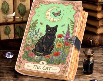 The Cat Tarot Card Leather Journal, Celestial Butterfly Grimoire, Witchy Spellbook, Moon Phase Notebook