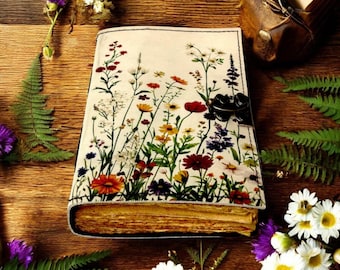 Wildflower Leather Journal, Rustic Floral Sketchbook, Handmade Deckle Edge Paper Grimoire
