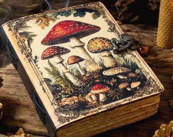 Vintage Mushroom leather Grimoire Notebook, Handmade Deckle Edge Paper Book of Shadows