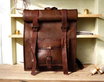 Vintage Leather Roll Top Backpack | Rustic Travel Rucksack, Laptop Bag