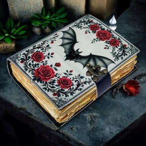 May include: A decorative journal with a bat and rose design. The cover features a black bat with outstretched wings, surrounded by red roses and green leaves on a white background. The journal has a dark blue leather strap and a metal clasp.