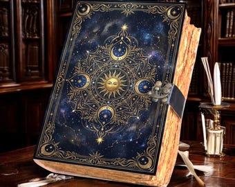Celestial Sun and Moon Leather Journal, | Witchy Grimoire | Book of Shadows | Astrology Diary