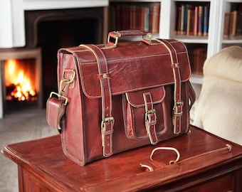 Full Grain Leather Messenger Bag, Laptop Satchel, Rustic Crossbody for Work and Office