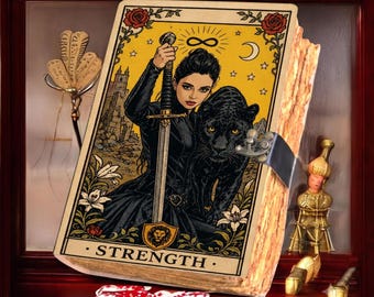 Strength Tarot Card Leather Journal, Witchy Grimoire, Gothic Fantasy Diary, Black Panther Notebook