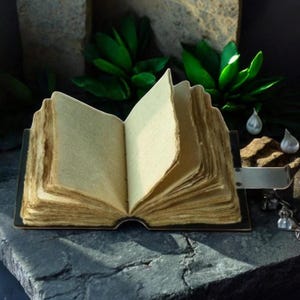 May include: An open, aged-looking book with thick, yellowed pages. The book is bound in a dark cover and held open by a metal clasp. The pages have a rough, uneven edge, suggesting a handmade or antique quality. The background includes green foliage and a stone surface.