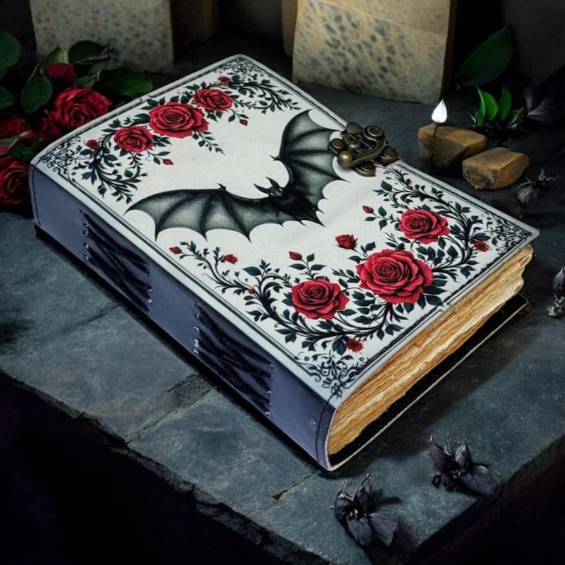 May include: A decorative journal with a bat and rose design. The cover features a black bat with outstretched wings, surrounded by red roses and green foliage on a white background. The journal has a clasp closure and stitched binding.