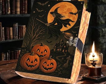 Halloween Witch Leather Journal, Spooky Pumpkin Grimoire, Wiccan Book of Shadows, Blank Spellbook