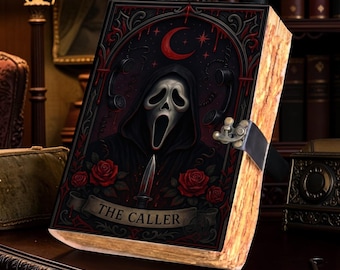 El diario de cuero de terror gótico del Caller, grimorio de fan art de Ghostface Scream, libro de las sombras