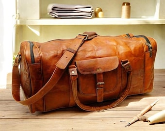 Handmade 24" Leather Duffel Bag, Weekender Overnight Bag, Carry On Travel Luggage, Rustic Gym Duffle
