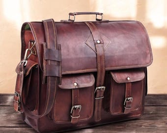 Leather Messenger Bag, Crossbody Laptop Briefcase, Office Handbag, Travel Satchel