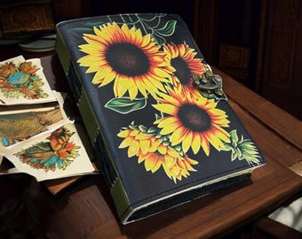 Sunflower Leather Journal, Boho Floral Grimoire, Rustic Deckle Edge Paper Notebook, Writing Sketchbook
