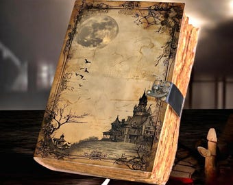 Diario de cuero con diseño de castillo gótico embrujado / Grimorio espeluznante vintage / Diario de brujas con libro de las sombras