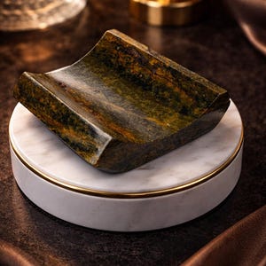 Könnte beinhalten: Dekorative Seifenschale aus grünem und braunem Stein, die auf einem weißen Marmorsockel mit goldenem Rand ruht. Die Schale hat ein geschwungenes Design und ist vor einem dunkelbraunen Hintergrund platziert.