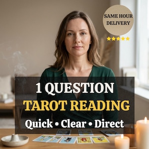 Puede incluir: Una mujer con una blusa verde está centrada en la imagen, con texto superpuesto que dice "1 QUESTION TAROT READING Quick • Clear • Direct". Un gráfico circular indica "SAME HOUR DELIVERY" con cinco estrellas doradas. Cartas del tarot sobre una mesa de madera.