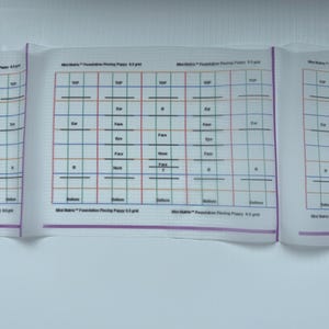 Könnte beinhalten: Ein gefaltetes, weißes Papier mit einem Rastermuster und Text. Das Raster ist in Abschnitte mit den Bezeichnungen "Top", "Ear", "Face", "Eye", "Nose", "Neck" und "Bottom" unterteilt. Der Text "Mini Matrix Foundation Piecing Puppy 0.5 grid" ist ebenfalls sichtbar.