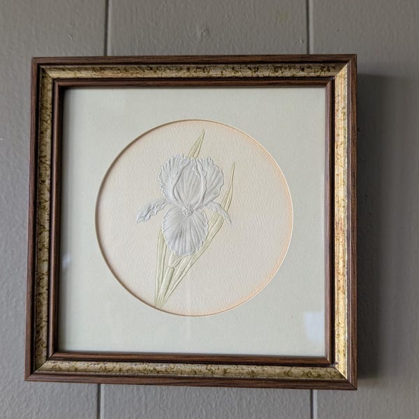 Vintage Embossed Blue Iris Framed Art | 1982 Botanical Floral Wall Decor | Cottagecore Iris Picture