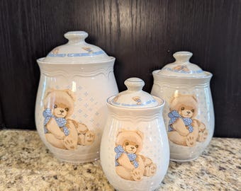 Vintage Tienshan Theodore Bear Canister Set of 3 Cream Stoneware Jars, Cottagecore Nursery Decor