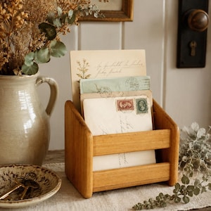 Vintage Light Oak Wood Mail Organizer | Two Slot Rustic Desk Sorter