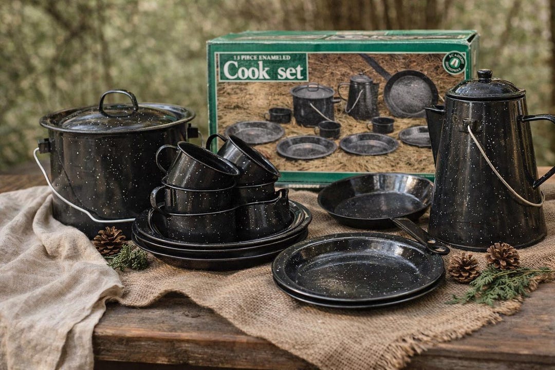 Vintage Black Speckled Enamel Camping Cook Set | 13pc Campware, Coffee ...