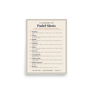 May include: A rectangular poster with a cream background and dark blue text titled A Glossary of Padel Shots. It lists ten numbered terms including Bandeja, Vibora, and Remate with brief definitions. The bottom reads Left Side Club Padel Department Plate No 2.