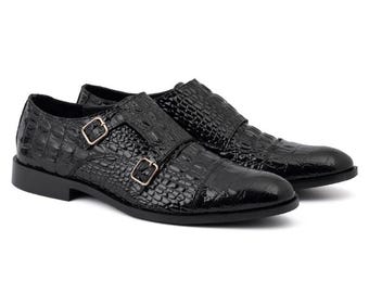 Handmade Black Crocodile Embossed Double Monk Strap Leather Dress Shoes for Men