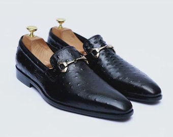 Handmade Black Ostrich Leather Loafers | Exotic Men's Formal Slip-On Dress Shoes