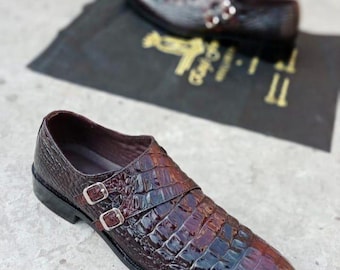 Handgefertigte Herren Braun Kroko-geprägt Leder Doppel Monk Strap Schuhe - Luxus-formelle Schuhe