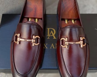 Men’s Christmas Gift Brown Genuine Leather Horsebit Loafers – Bespoke Pure Handmade Slip-On Dress Shoes