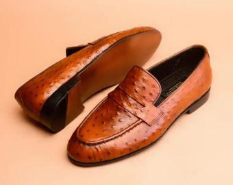 Mocassini in pelle di struzzo marrone fatti a mano: scarpe slip-on da uomo, regalo da uomo