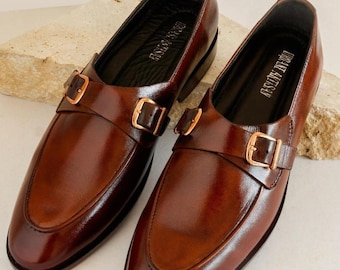 Handgefertigte Braune Leder Doppel Monk Strap Loafers Elegant! Festliche Trachtenschuhe für Herren