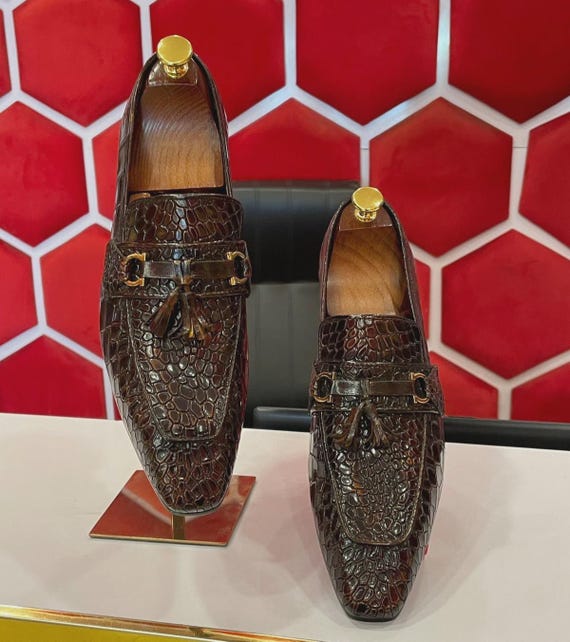 Handmade Brown Croco Moccasins for Men – Luxury Formal Dress Loafers