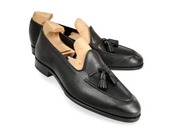 Handmade Black Leather Tassel Loafers for Men | Classic Slip-On Dress Shoes