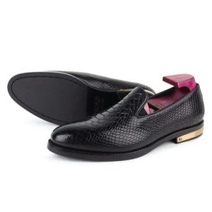 Embossed python leather shoes, handmade men’s loafers, formal black slip-on