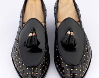 Handmade Black Patent Tassel Loafers for Men – Woven Studded Design Slip-Ons
