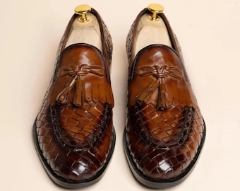 Handmade Brown Woven Leather Tassel Lvvvvvvvvvzoafers – Men’s Luxury Dress Shoes