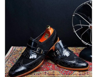 Handmade Black Leather Wingtip Monk Strap Shoes: Men's Brogue Dress Shoes