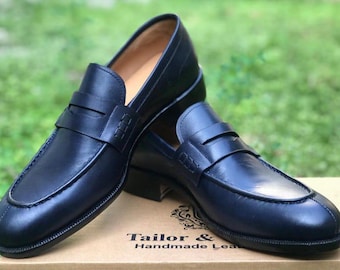 メンズ手作りレザーシューズ！スリッポンペニーローファー、カジュアルウェア、ネイビーブルー
