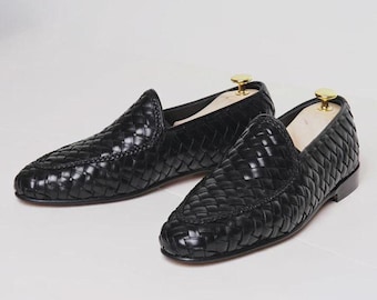 Men’s Black Loafers – Anniversary Gift Handmade Woven Leather Slip-Ons