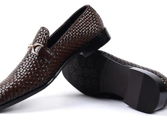Men’s Wedding Gift for Him Brown Loafers – Handmade Woven Leather Italian Style Dress Shoes