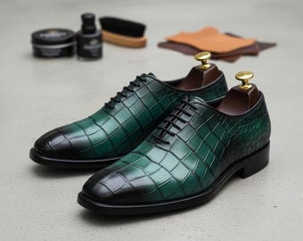 Grüne Kroko geprägte Oxford-Schuhe für Herren | Handgefertigte Luxus-Schnürschuhe | Formelle Schuhe