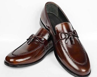 Men’s Gift for Formal Wear: Handmade Brown Leather Tassel Loafers with Classic Italian Craftsmanship