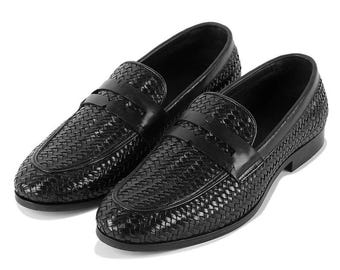 Mocasines de piel negra tejida a mano para hombre, zapatos de vestir sin cordones, calzado clásico.