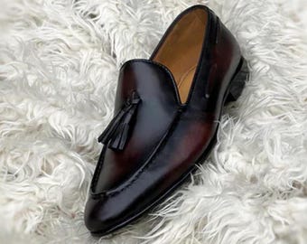 Handmade Brown Leather Tassel Loafers | Elegant Men’s Slip-On Dress Shoes