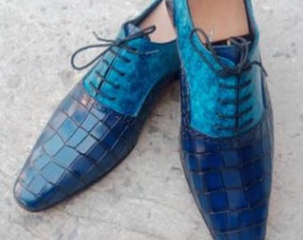 Handmade Blue Crocodile-embossed Leather Oxford shoes – Men’s Confirmation Gift Dress Shoes