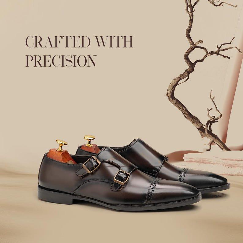 Handmade Brown Leather Double Monk Strap Shoes for Men  display picture 3