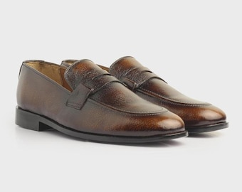 Mocassini Penny marroni da uomo – Scarpe slip-on in pelle fatte a mano, regalo di anniversario