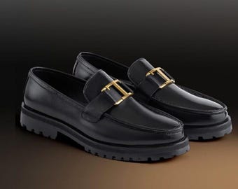Handmade Men’s Black Leather Penny Loafers | Chunky Sole Formal Dress Shoes