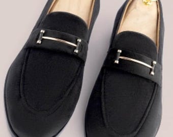 Handmade Suede Loafers with Metal Buckle: Men's Leather Dress Shoes
